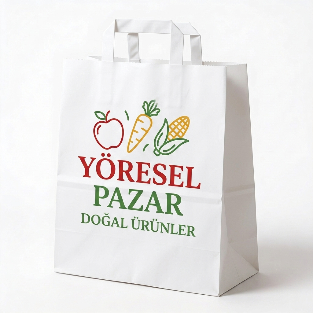 Özel Baskılı Düz Saplı Beyaz Kraft Çanta