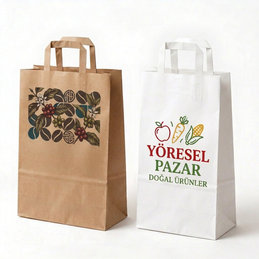 18x30x8 Düz Saplı Baskılı Kraft Çanta - kraft çanta